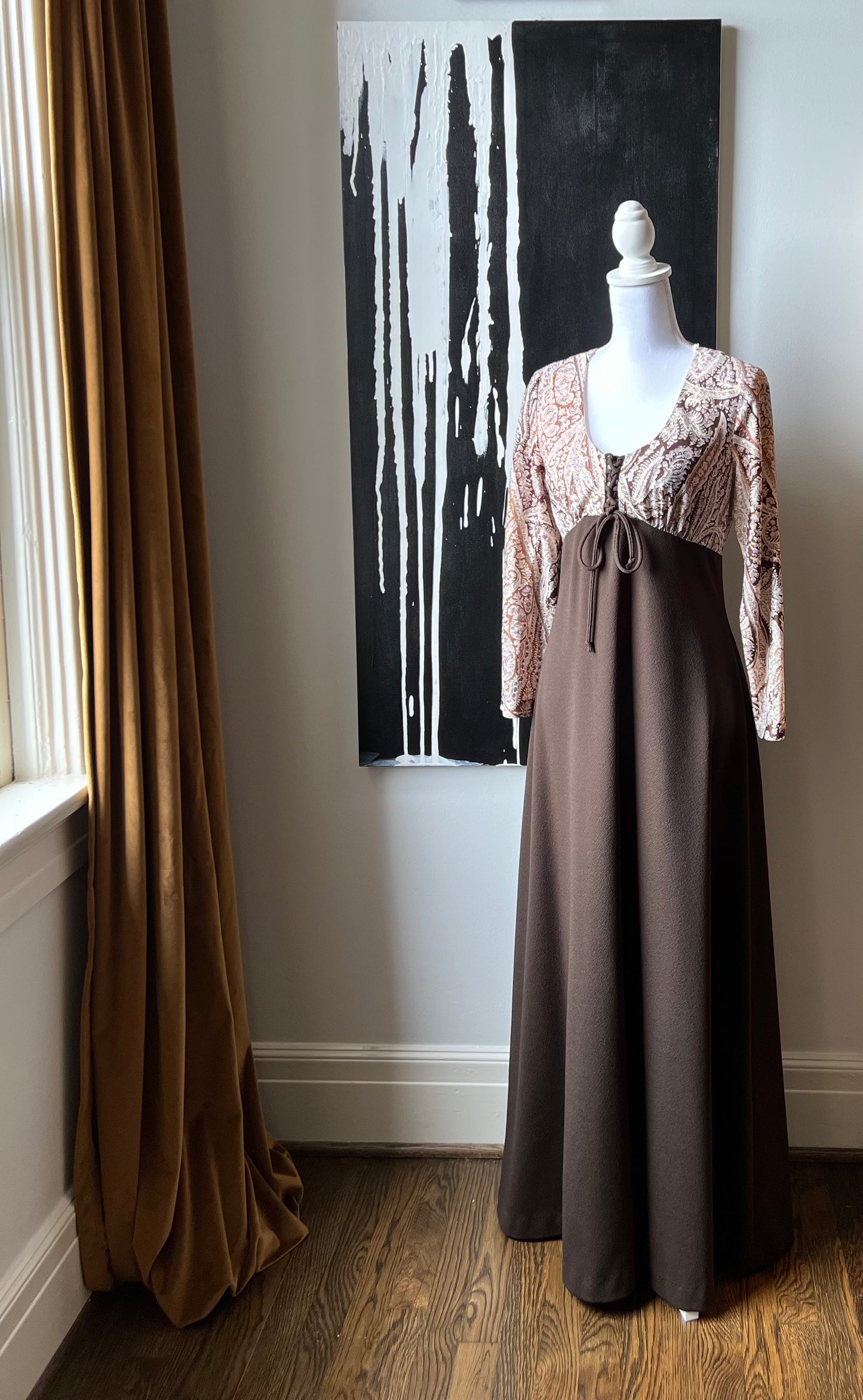 Brown paisley long dress with metallic gold thread and lace up top.