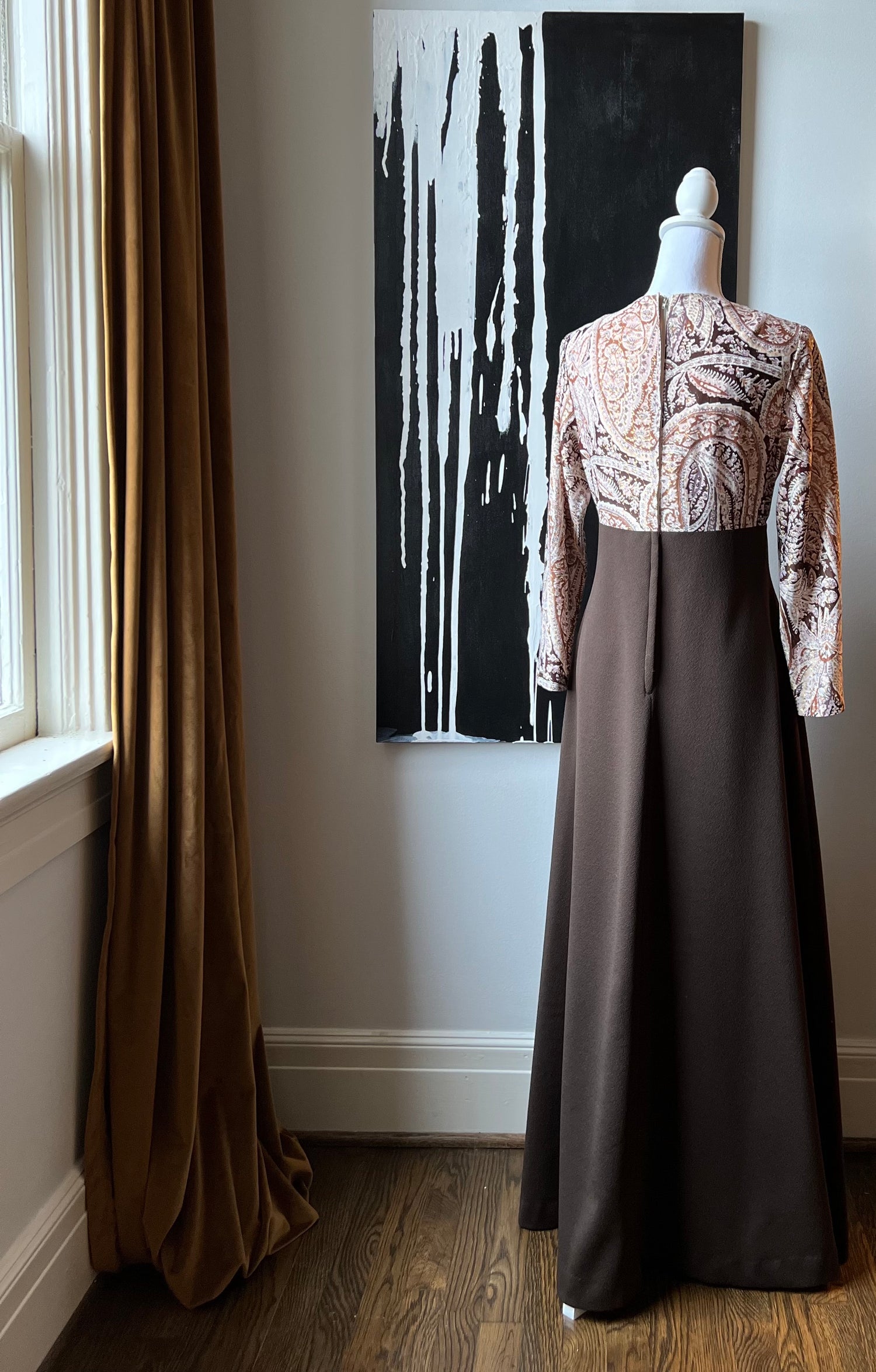 Brown paisley long dress with metallic gold thread and lace up top.